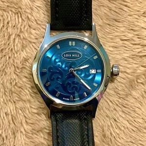 LOIS HILL Swiss Blue Round Face Watch with Black Leather Replacement Band
